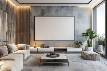 Mockup poster frame on the wall of living room. Luxurious apartment background with contemporary design. Modern interior design. 3D render, mock up. Generative Ai.