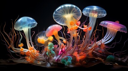 A cluster of glowing bio-luminescent organisms underwater, illuminating the mysteries of marine biology.