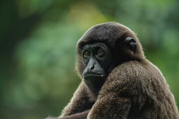 Obraz premium Black Woolly Monkey Sitting in Amazon Rainforest, Brazil. Close-up of Brazilian Wildlife Animal