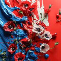 Naklejka premium Red, white, and blue paint with poppies artistically splashed, celebrating Memorial Day.