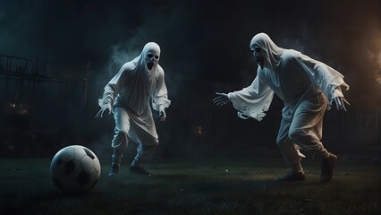 Two scary ghost playing football, fantasy halloween character, cinematic look, vibrant colors