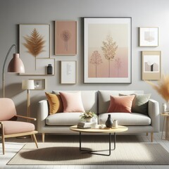 A living room with a template mockup poster empty white and with a couch and a coffee table lively has illustrative meaning card design.