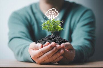 Conservationist holding growth tree with carbon reduction icon for carbon credit and footprint to...