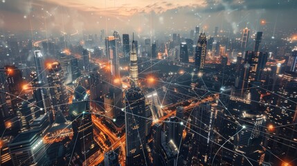 Fototapeta premium A cityscape with many buildings and lights, with a network of lines connecting them. The city appears to be at night, with a mood of excitement and energy