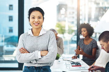 Portrait, happy and confident business woman in office meeting, coworking or team leader in...