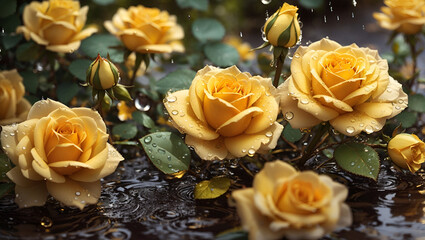 Water drops on a beautiful colorful rose flowers gardens background design wallpaper