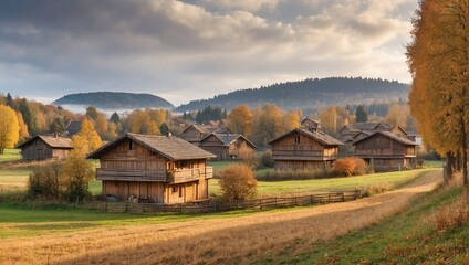 photo of a village with many wooden houses in autumn made by AI generative