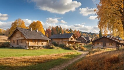 photo of a village with many wooden houses in autumn made by AI generative