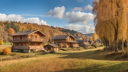 photo of a village with many wooden houses in autumn made by AI generative
