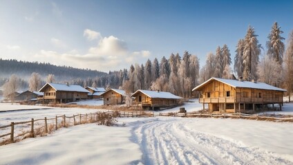 photo of a village with many wooden houses during winter made by AI generative