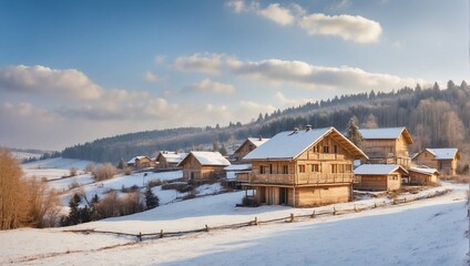 photo of a village with many wooden houses during winter made by AI generative