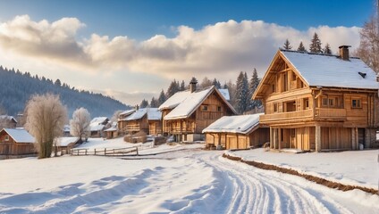 photo of a village with many wooden houses during winter made by AI generative