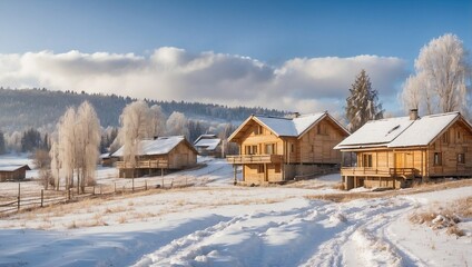 photo of a village with many wooden houses during winter made by AI generative