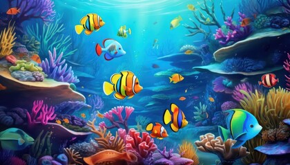 Tropical fish in the underwater, coral reef, amazing underwater life, various fish and exotic coral reefs, ocean wild creatures background