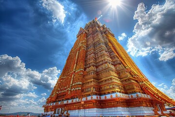 A resplendent temple draped in golden hues towers against a backdrop of sun-kissed clouds.