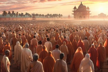 Devotees in saffron robes gather for a grand procession during Rath Yatra amidst the warmth of the rising sun.