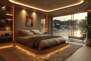 Luxury modern bedroom on luxury yacht, interior design of super rich house , photo realistic, 