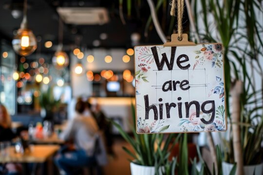 A sign in a cozy restaurant window advertises we are hiring, offering opportunities for employment in the culinary world.