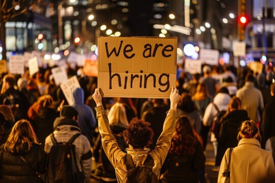A person energetically holds up a we are hiring sign, signaling job openings and a welcoming work environment. - Powered by Adobe