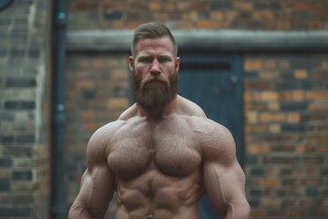 Fototapeta premium Bearded man with a six pack stares into the camera