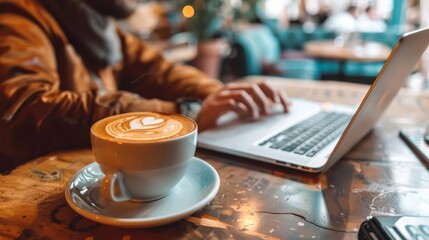 A man is sitting at a cafe table, drinking coffee from a white cup and using laptop.