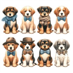 Many puppies wearing bow ties art photo harmony used for printing card design illustrator.
