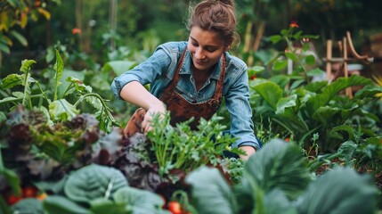 Woman Cultivating Vegetables in Garden - Harvesting for Self-Sufficiency - Personal Farming