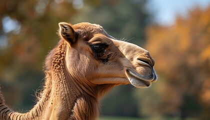 Obraz premium Portrait of a camel in the autumn park. Close-up.