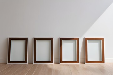 Four mockup frames close up leaning against the white wall, interior mockup design, frame mockup