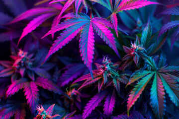 growing cannabis buds in neon led light beams 