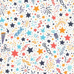 Hand-drawn simple sprinkle seamless pattern. Bright color confetti, stars on white background. Vector Illustration for holiday, party, birthday, invitation