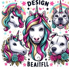 Many unicorns with colorful hair and a dog art attractive harmony lively used for printing illustrator.