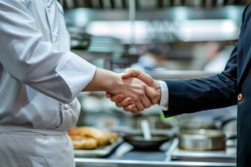 close up shot chef shaking hands with business man in kitchen background 