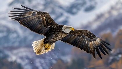 Adult Bald Eagle in flight with snow covered mountains in the background.