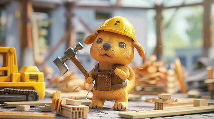Fototapeta premium Adorable puppy in a hard hat and tool belt stands on a construction site holding a hammer, with a determined look in his eyes, ready to build something great.