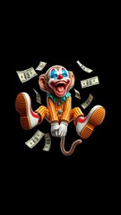 monkeys in clown costumes laughing and money around them