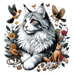 A cat and birds around it attractive lively has illustrative meaning illustrator.