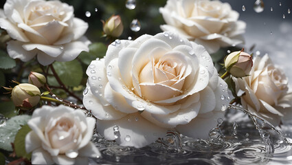 Water drops on a beautiful colorful rose flowers gardens background design wallpaper