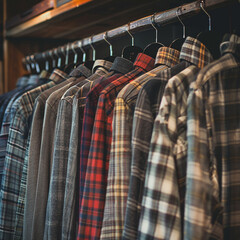 different style check shirts hanging on a display in boutique generated by AI