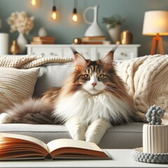 A cat lying on a couch realistic attractive card design illustrator.