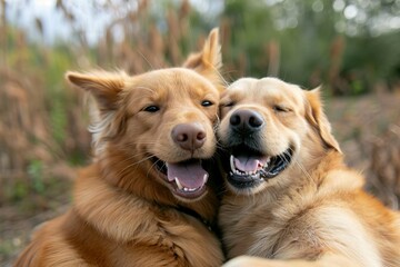 Two cheerful comical dogs take a selfie for the camera. 
