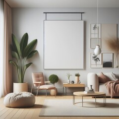 A living room with a template mockup poster empty white and with a large poster on the wall art photo attractive harmony.