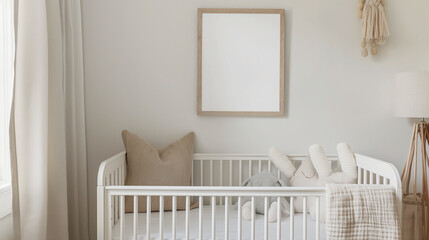 In a serene nursery designed with a minimalist aesthetic, an empty picture frame hangs above the crib, offering an understated yet elegant backdrop for parents to showcase their fa