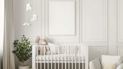 Amidst the simplicity of minimalist design, an empty picture frame takes center stage above the crib in a baby room, inviting parents to fill it with snapshots of their journey int
