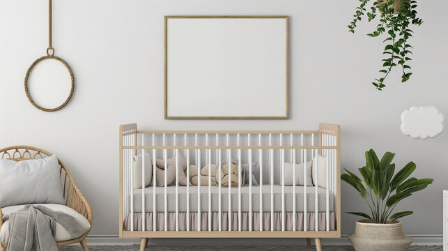 Amidst the simplicity of minimalist decor, an empty picture frame adorns the wall above the crib in a baby room, serving as a focal point for parents to personalize the space with