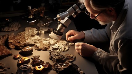 A petrologist examining rock samples under a microscope, unraveling the geological history of the Earth.