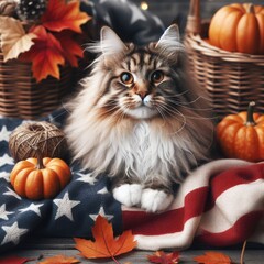 A cat sitting on a blanket with pumpkins and fall leaves art realistic harmony illustrator.