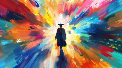 Abstract background featuring a graduate in a burst of colors