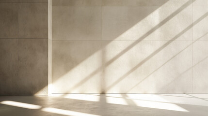Obraz premium Soft light dances across a textured wall as sunlight floods through windows, creating intriguing shadows that playfully interact with the minimalist background, offering a serene a