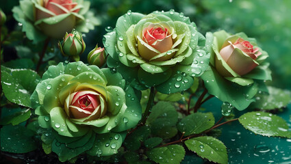 Water drops on a beautiful colorful rose flowers gardens background design wallpaper